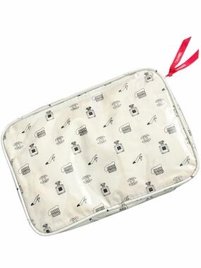 Vintage 1980s CHANEL White & Black Logo Graphic Cosmetic Makeup Bag Travel Pouch